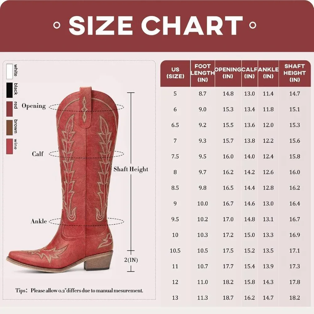 Women's Red Knee High Pointed Toe Chunky Heel Pull On Zipper Cowboy Boots